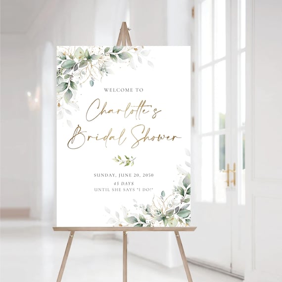 Bridal Shower Welcome Sign with Greenery, Faux Gold, Botanical Decoration (Printed or Digital File)