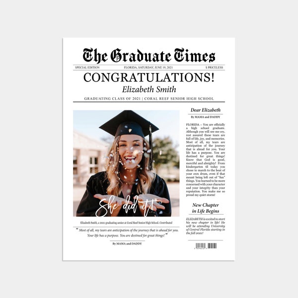 Graduate Printable Newspaper Keepsake, Graduation Gift for Her, Graduation Announcement, Congratulation Card, Senior, Class of 2021 D03