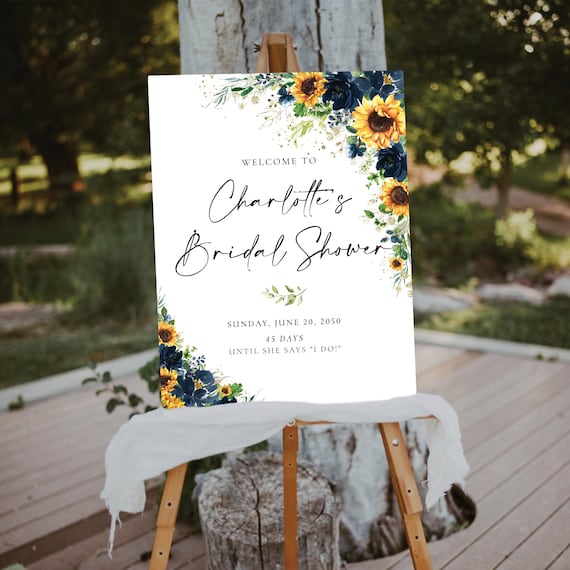 Navy Blue Sunflower Bridal Shower Welcome Sign Template, Printable Modern Wedding Shower Decoration, Boho Floral Editable Bridal Brunch Sign