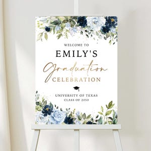 Blue Florals Graduation Party Welcome Sign, Printable Grad Party Welcome Poster, Navy and Dusty Blue flowers Grad Signage, Digital File, BF1
