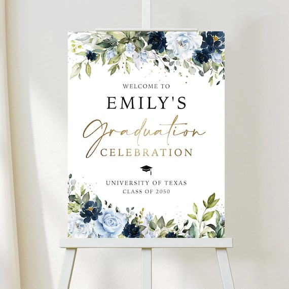 Blue Florals Graduation Party Welcome Sign, Printable Grad Party Welcome Poster, Navy and Dusty Blue flowers Grad Signage, Digital File, BF1