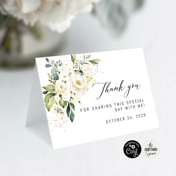 White roses Wedding Thank you Card, Folded Thank you Card, 100% Editable, Digital File, Corjl, White roses, WR4