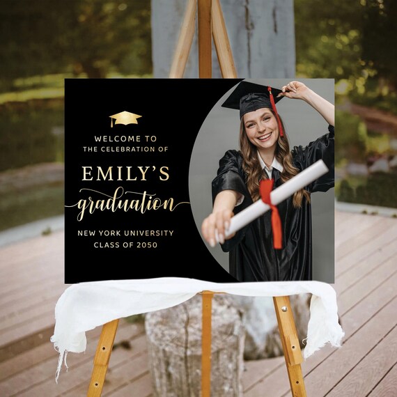 Graduation with photo Welcome Sign, Photo Graduation Poster, Gold Glitter, Graduation Decorations, Graduation Party Poster, Grad Party Sign