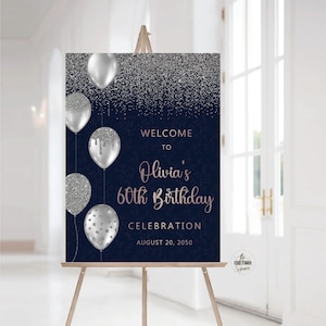 60. Geburtstag Party Zeichen, 50. Geburtstag Willkommensschild, 70. Geburtstag Feier Zeichen, Luftballons Geburtstagsschild, Marine und Gold Geburtstagsschild