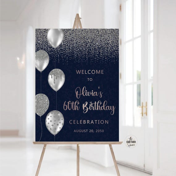60th Birthday Party Sign, 50th Birthday Welcome Sign, 70th Birthday Celebration Sign, Balloons Birthday Sign, Navy and Gold Birthday Sign