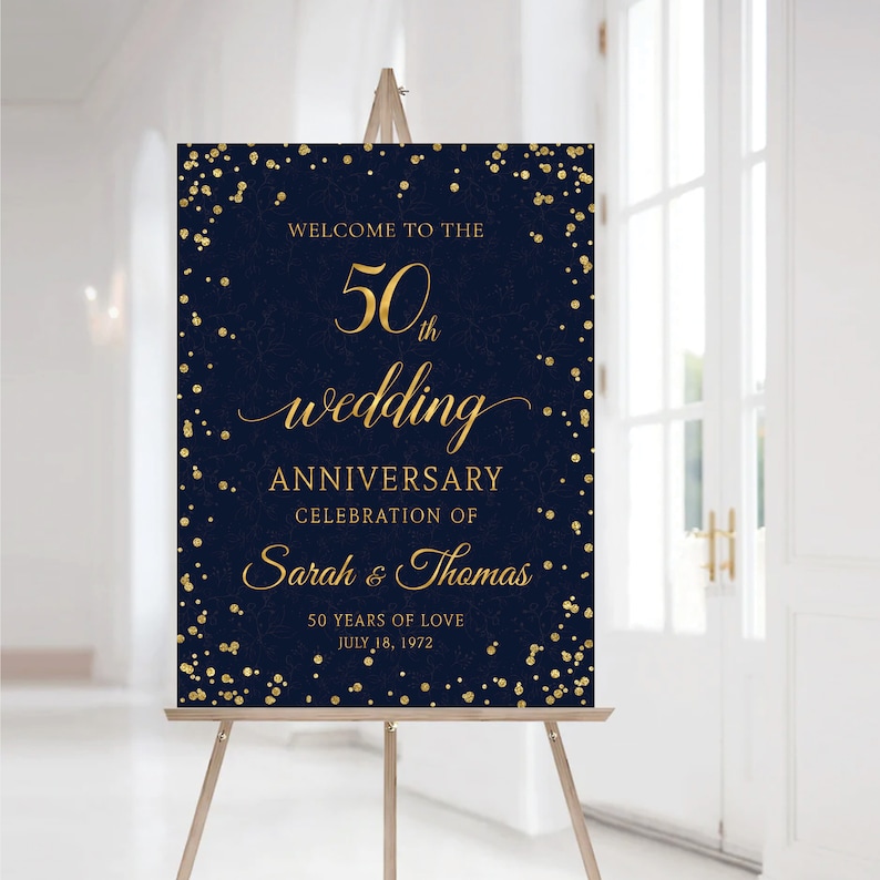 Modern 50th Wedding Anniversary Welcome Sign, Confetti Decor, Black and Gold (Digital Printable) image 2