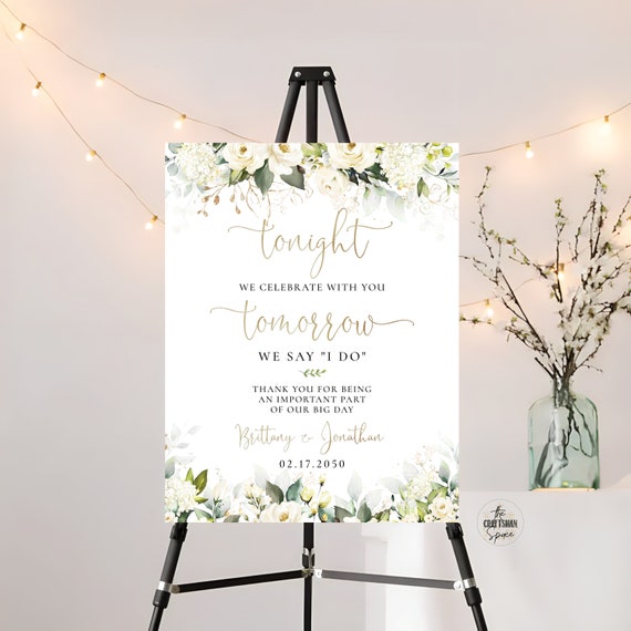 White Roses The night before Welcome Sign, One Day Away Sign, Rehearsal Sign, Wedding Rehearsal Sign, Wedding Decoration, cream roses, WR3