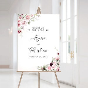 Letrero de bienvenida para boda en color rosa ruborizado, letrero de bienvenida para boda con vegetación, letrero de bienvenida para boda digital, letrero de ensayo, eucalipto, decoración de boda