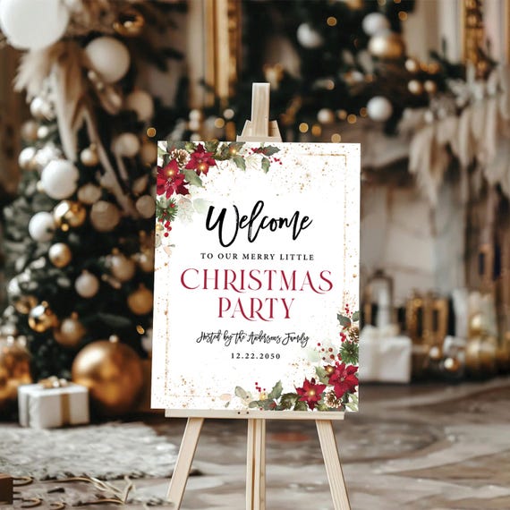 Christmas Party Welcome Sign, Christmas Welcome Poster, Printable Christmas Welcome Sign, Holiday Welcome Sign, Poinsettia and Lights, CRM6