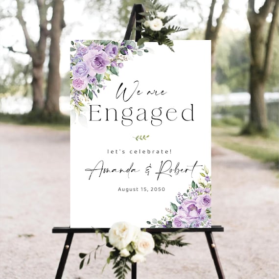 PRINTED OR DIGITAL Purple Floral Engagement Party Welcome Sign, Foam Board, Poster, Violet Flowers We are Engaged Let’s Celebrate Sign, PF3