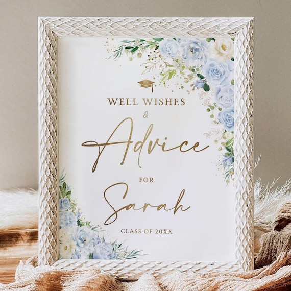 Dusty blue floral Advice & Wishes For The Graduate Sign, Graduation Advice Cards, Graduation Decor, Graduation Minimalist Modern Sign, LB2
