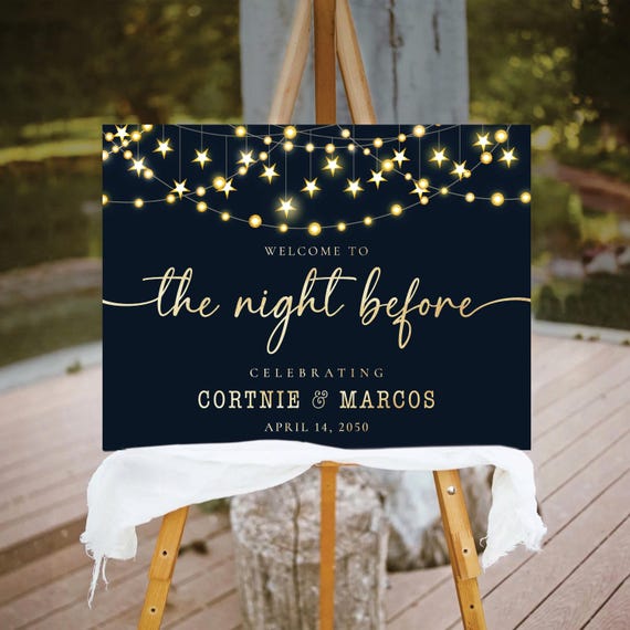 PRINTED OR DIGITAL Blue Navy and Gold The night before Welcome Sign, Foam Board, Poster, Modern Rehearsal Dinner Decor, Minimalist Wedding