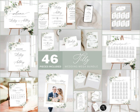 TILLY Greenery Wedding Mega Bundle, Wedding Invites Mega Bundle, 46 Pieces, Wedding Invitation Template, Printable, Herbal, Eucalyptus, HB3