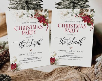 Può includere: Due inviti per una festa di Natale con decorazioni floreali e pigne. Gli inviti recitano "Festa di Natale" e includono il nome dell'ospite, la data, l'ora e il luogo. Il design utilizza colori bordeaux e oro.