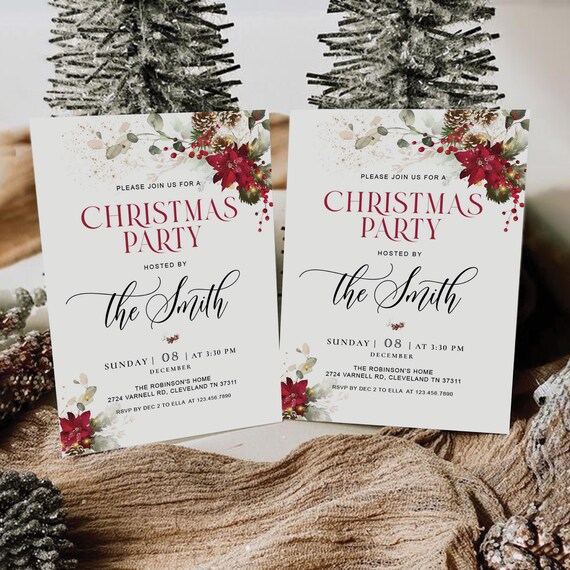 Floral Christmas Party Invitation, Red Poinsettia and Lights, Holiday Party Invite (Digital Printable)
