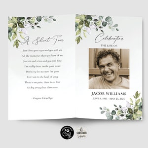 Greenery Celebration Of Life Program, Funeral, Obituary, Memorial Prayer Card, Word, Men, Women, Order Of Service, Corjl, 100% Editable, HB2 image 5