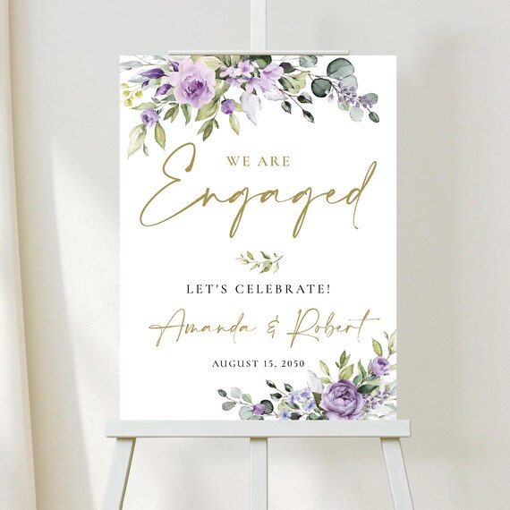Purple Floral Engagement Party Welcome Sign, Printable Violet Flowers We are Engaged Welcome Poster, Botanical Wedding, Digital File, PF4