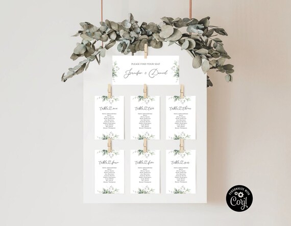Greenery Wedding Seating Chart Cards Template, Hanging Seating Board, Seating Plan, Table Seating Chart, Eucalyptus Card template