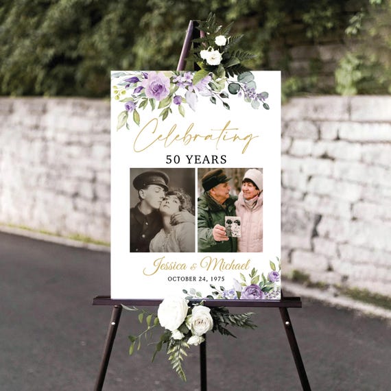 Purple Floral 50th Anniversary Welcome Sign: Elegant Celebration Decor (Printed or Digital File Available)