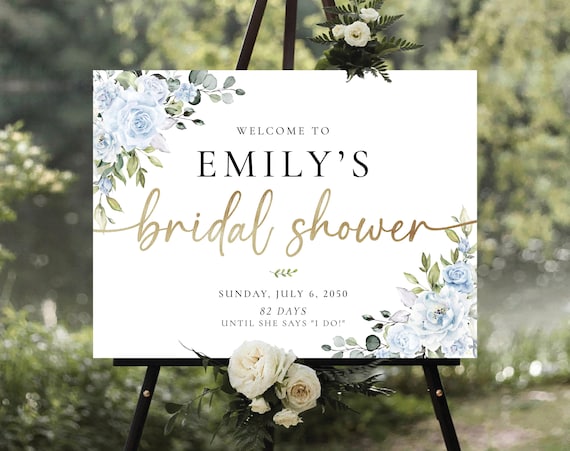 Light blue floral Bridal Shower Welcome Sign, Printable Botanical Bridal Shower Sign, Modern Large Bridal Shower Welcome Poster Digital File