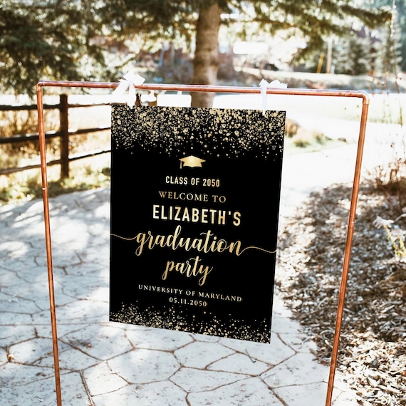 Minimalist Graduation Party Welcome Sign, Black & Gold Graduation Decorations, Graduation Celebration Sign, Modern Graduation Party Poster