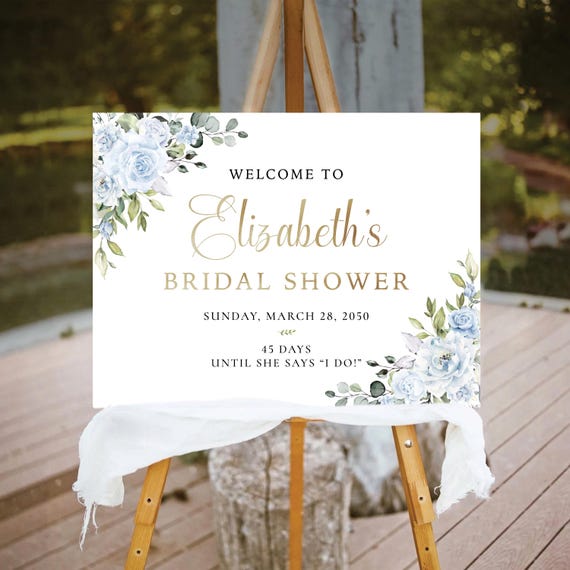 PRINTED OR DIGITAL Light Blue Floral Bridal Shower Welcome Sign, Faux Gold, Foam Board Poster, Large Rustic Botanical Wedding Sign Printable