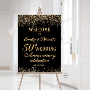 Modern 50th Anniversary Welcome Sign: Elegant Party Decor, Gold Confetti (Digital Printable)