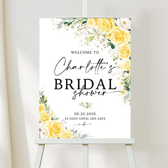 PRINTED OR DIGITAL Yellow White florals Bridal Shower Welcome Sign, Foam Board, Poster, Eucalyptus, Botanicals Wedding Shower Decor, YW1
