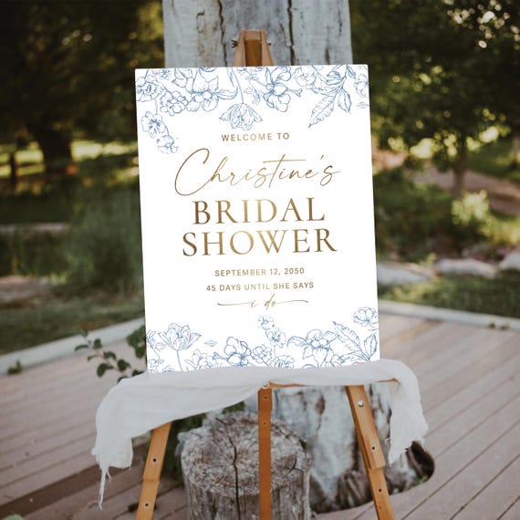 Floral Chinoiserie Bridal Shower Welcome Sign, Blue Porcelain Bridal Brunch Sign, Vintage Wedding Shower Decoration, Blue Toile de Jouy, BC1