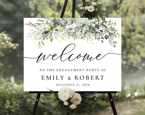 Watercolor Greenery Engagement Party Welcome Sign, Botanicals Wedding Rehearsal Decorations, Minimalist We are Engaged Sign, Eucalyptus, HB1