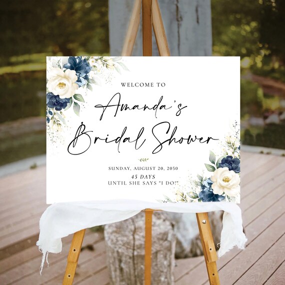 PRINTED OR DIGITAL Navy Blue and White Floral Bridal Shower Welcome Sign, Foam Board, Poster, Bohemian, Boho Wedding Shower Decorations, NW1