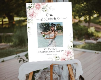 Blush Pink Floral Graduation Welcome Sign: Photo Graduation Poster, Botanical (Digital Printable)