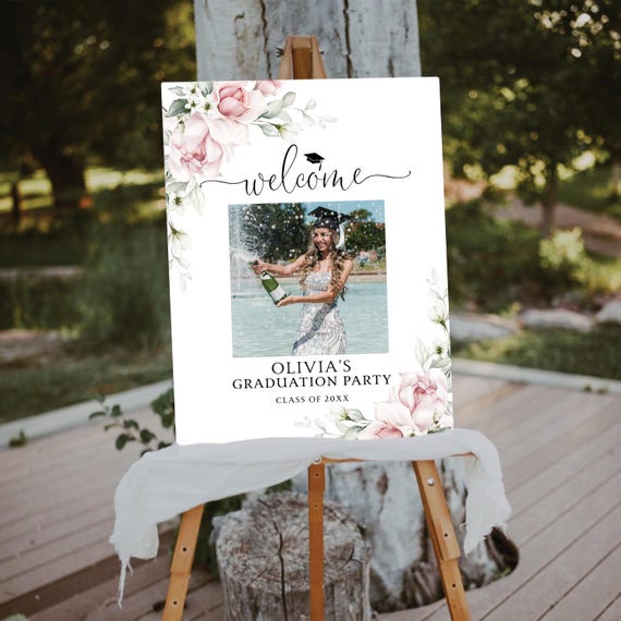 Blush Pink Roses Graduation with photo Welcome Sign, Photo Graduation Poster, Modern Graduation Decor, Grad Party Decor, Eucalyptus, A2