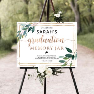 Greenery Graduation Memory Jar Willkommensschild, Abschlussfeier Zeichen, Grad Party Dekor, bestandene Erinnerungen, Teilen einer Erinnerung, Abschlussfeier Poster