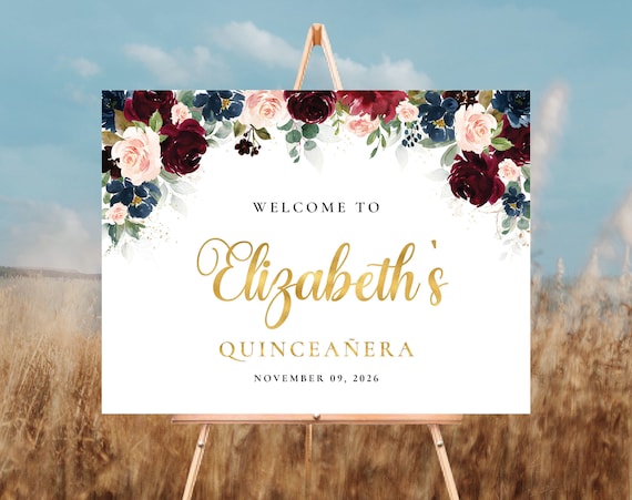Burgundy and Navy Quinceañera Welcome Sign, Quinceanera Sign, Quinceanera Decor, 15th Birthday Sign, Baby shower sign, Sweet 16 sign, BDY1