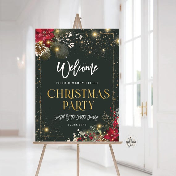 Christmas Party Welcome Sign, Christmas Welcome Poster, Printable Christmas Welcome Sign, Holiday Welcome Sign, Poinsettia and Lights, CRM5