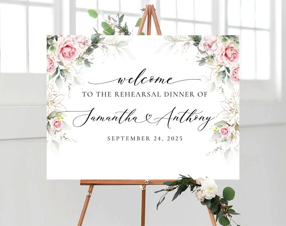 Blush pink Rose Rehearsal Dinner Welcome Sign, Greenry Wedding Rehearsal Sign, Rehearsal Dinner, Wedding Rehearsal Decor, Eucalyptus, BG3