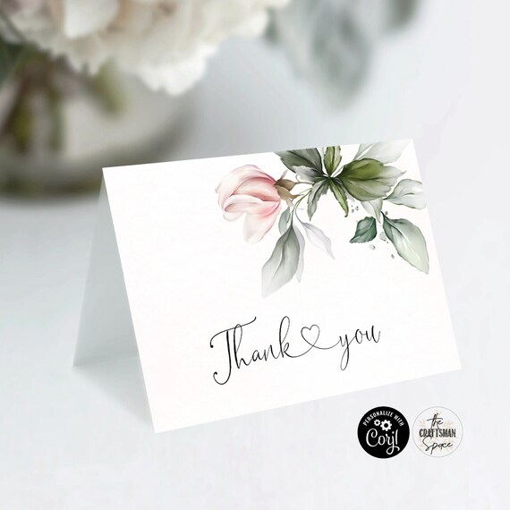 Blush pink roses Wedding Thank you Card, Folded Thank you Card, 100% Editable, Digital File, Corjl, Blush pink roses
