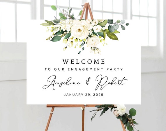 White roses Engagement party Welcome Sign, Greenery Engagement Party Decor, We are engaged, Bohemian, Eucalyptus, Cream roses, WR1