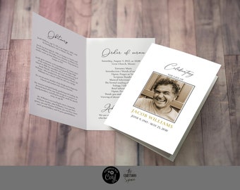 May include: A white and gold funeral program with a black and white photo of a man smiling. The program includes the order of service for the funeral, which will be held on Saturday, August 3, 2022, at 10:00 am at Grace Church in Miami. The program also includes an obituary for Jacob Williams, who passed away on May 25, 2020.