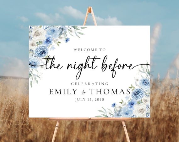 Dusty Blue Ivory The night before Welcome Sign, One Day Away Sign, Rehearsal Dinner Sign, Wedding Rehearsal Sign, Wedding Decoration, DB1