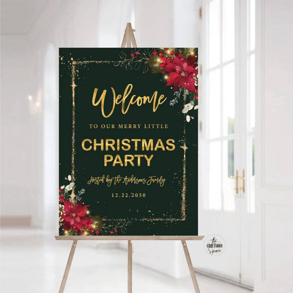 Christmas Party Welcome Sign, Christmas Welcome Poster, Printable Christmas Welcome Sign, Holiday Welcome Sign, Poinsettia and Lights, CRM2