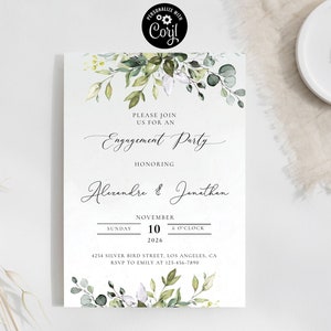 Invito alla festa di fidanzamento verde, Invito alla festa di fidanzamento, Siamo impegnati Invito, 100% modificabile, Corjl, Eucalipto, HB2