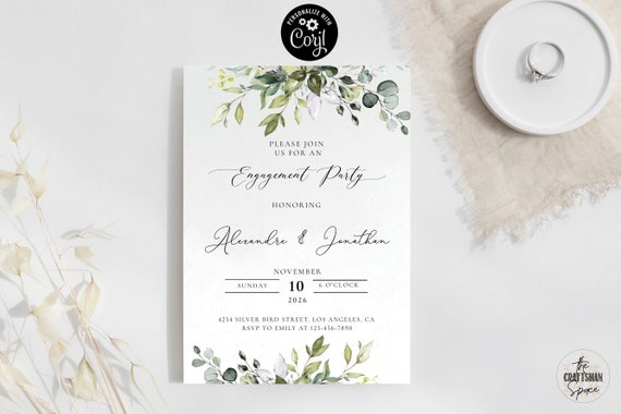 Greenery Engagement Party Invitation, Engagement party Invite, We are engaged Invitation, 100% Editable, Corjl, Eucalyptus, HB2