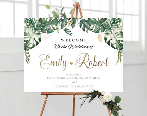 Tropical Wedding Welcome Sign, Leaves, Safari, Wedding Ceremony Decorations, Custom Design, Rehearsal Sign, Botanical, Poster, Bohemian, TP4