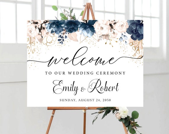 Navy Blue and Dusty Rose Wedding Welcome sign, Wedding Ceremony Decorations, Navy Blue Wedding Reception Sign, Wedding Decorations, NB2