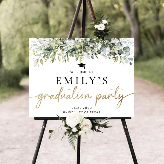 Greenery Graduation Party Welcome Sign, Rustic Graduation Poster, Gold Glitter, Graduation Decorations, Grad Party Poster, Eucalyptus, HB1