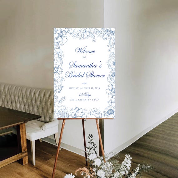 Floral Chinoiserie Bridal Shower Welcome Sign, Blue Porcelain Bridal Brunch Sign, Vintage Wedding Shower Decoration, Blue Toile de Jouy, BC1