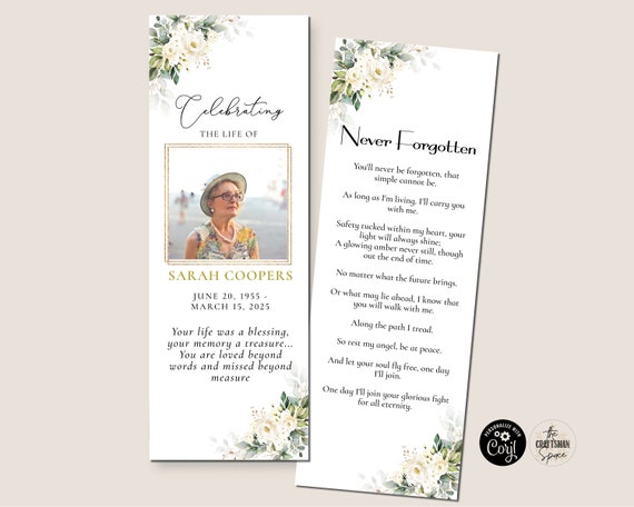 White roses Funeral Bookmark Template, Celebration of Life Bookmark, Funeral Keepsake Cards, Memorial Card for Remembrance, Corjl, WR3