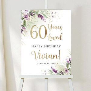 Greenery Purple 60 Jahre geliebt Willkommensschild, alles Gute zum Geburtstag Willkommensschild, Zeichen zum 50